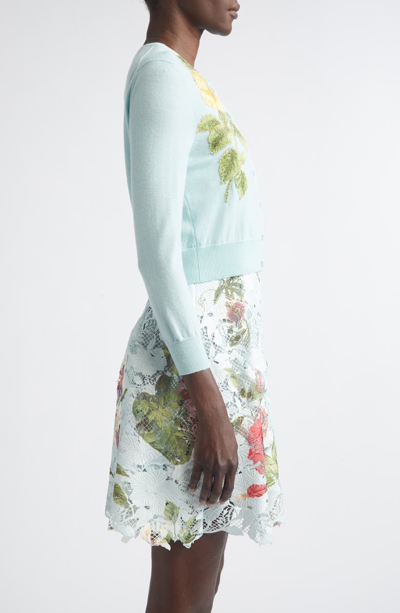 Oscar de la Renta Chiné Embroidered Dominican Floral Wool Cardigan, Alternate, color, Saltwater