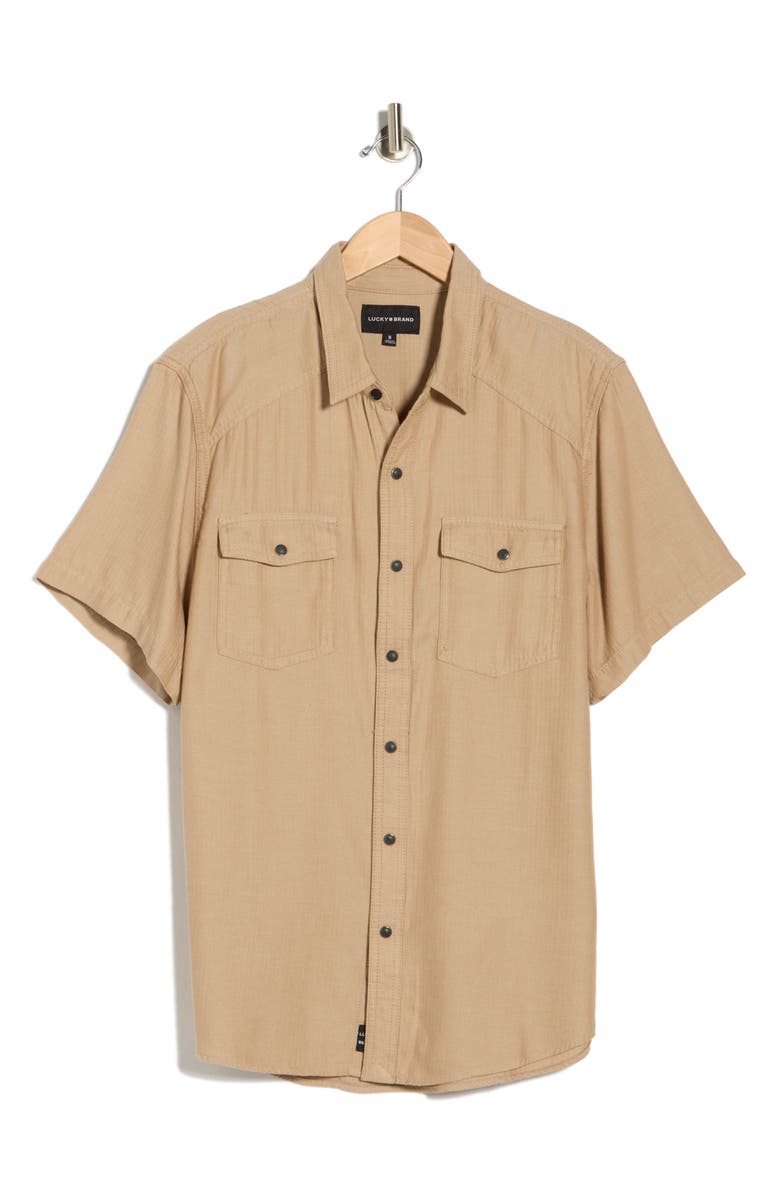 Lucky Brand Herringbone Short Sleeve Western Shirt, Alternate, color, Tannin
