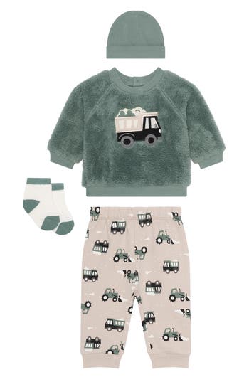 Pl Baby By Petit Lem Kids' Faux Shearling Top & Joggers, Hat & Socks Set In Green