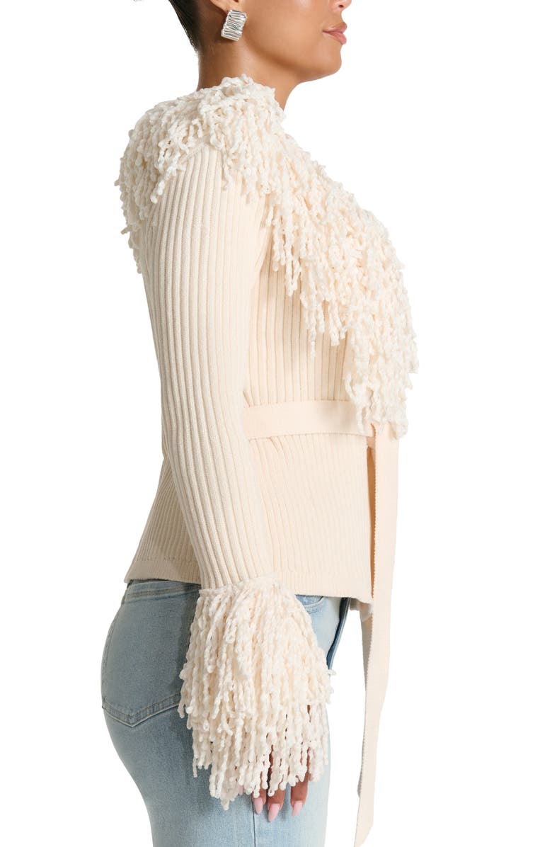 Naked Wardrobe Fringe Tie Waist Chenille Cardigan, Alternate, color, Bone