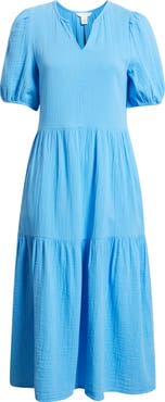 Caslon® Puff Sleeve Tiered Cotton Gauze Midi Dress