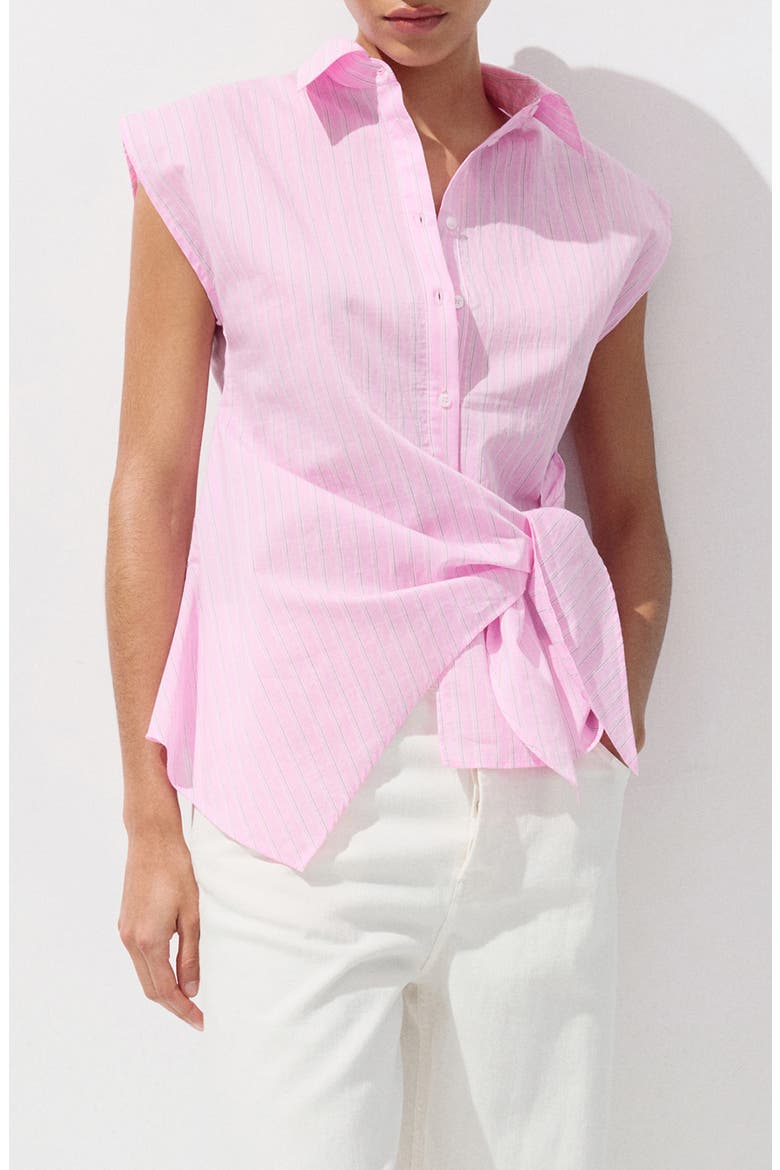Knotted Stripe Cap Sleeve Button-Up Shirt, Main, color, PINK