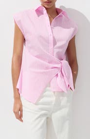 MANGO Knotted Stripe Cap Sleeve Button-Up Shirt