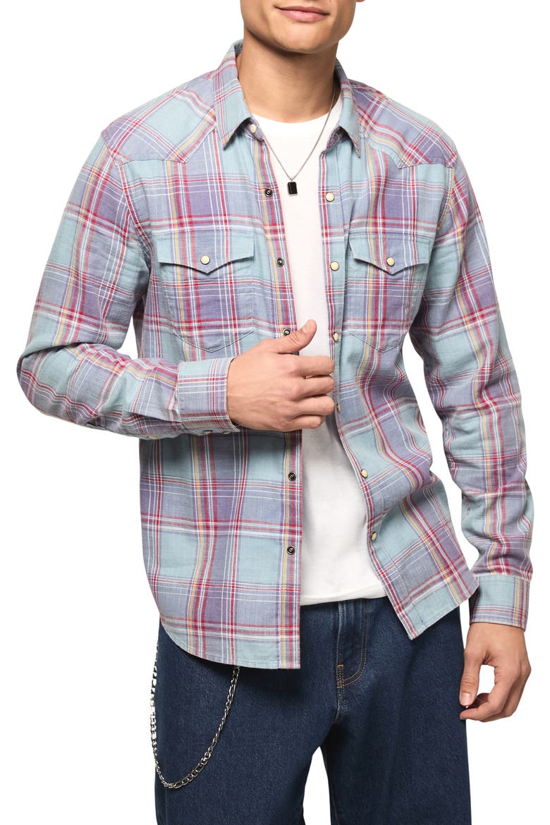 Plaid Flannel Acid Wash Western Shirt, Main, color, CREAM MULTI