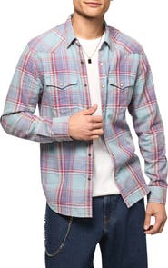 Lucky Brand Plaid Flannel Acid Wash Western Shirt