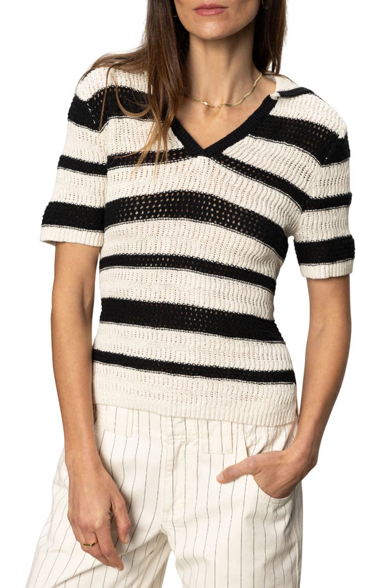 Sanctuary Stripe Cotton Polo Sweater, Main, color, Black Chalk