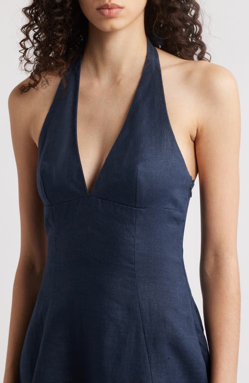 Faithfull The Brand Marais Halter Neck Linen Midi Dress In Navy