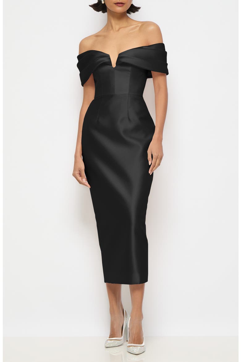 Eliana Off-the-Shoulder Satin Twill Midi Dress, Main, color, BLACK