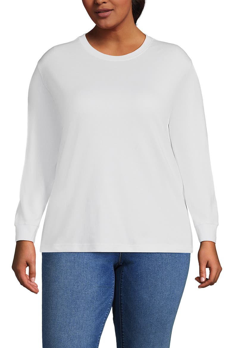 Plus Size Cotton Relaxed Long Sleeve Crew Neck, Main, color, White