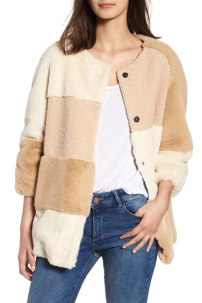 Patchwork Faux Fur Jacket, Main, color, BEIGE