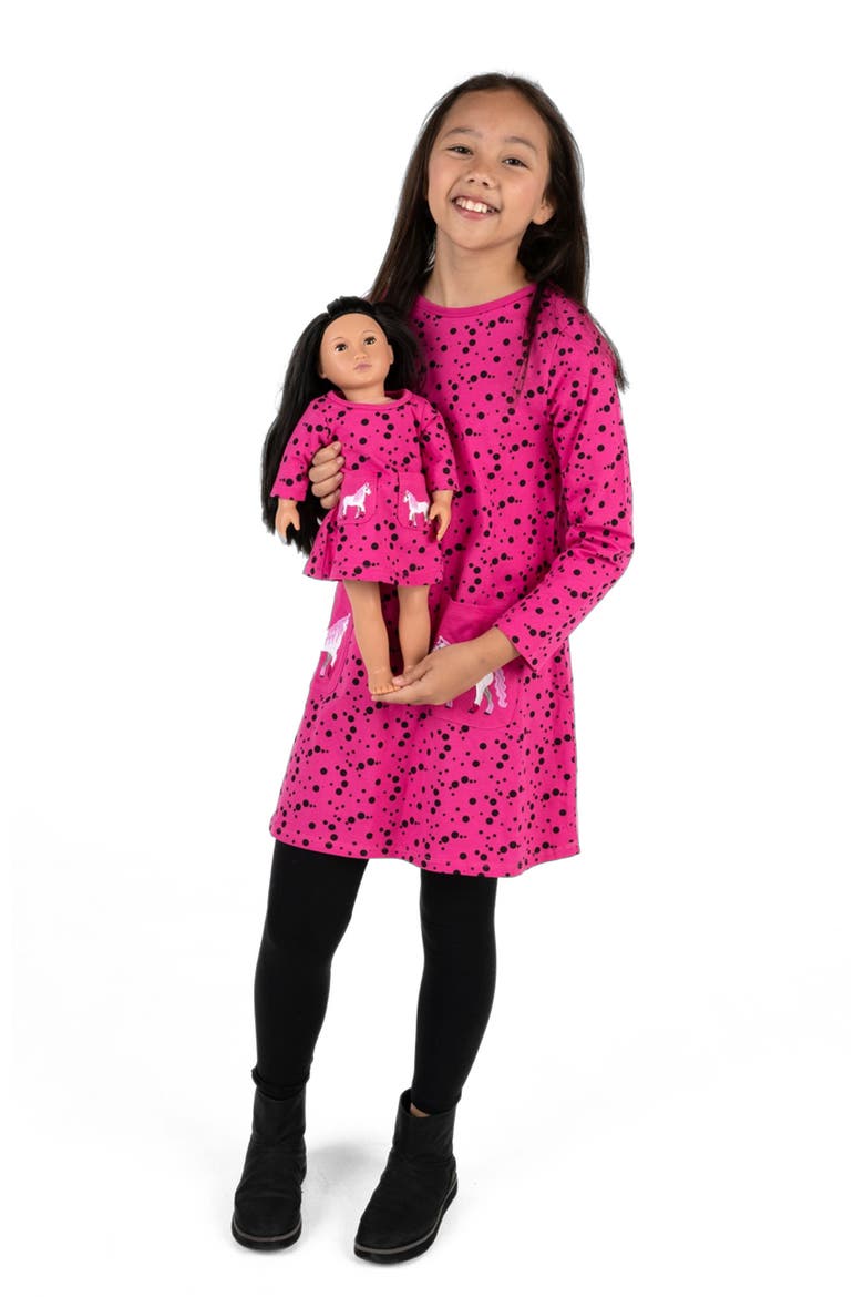 Girls Cotton Dress with Matching Doll Dress, Printed Design, Alternate, color, DOTS