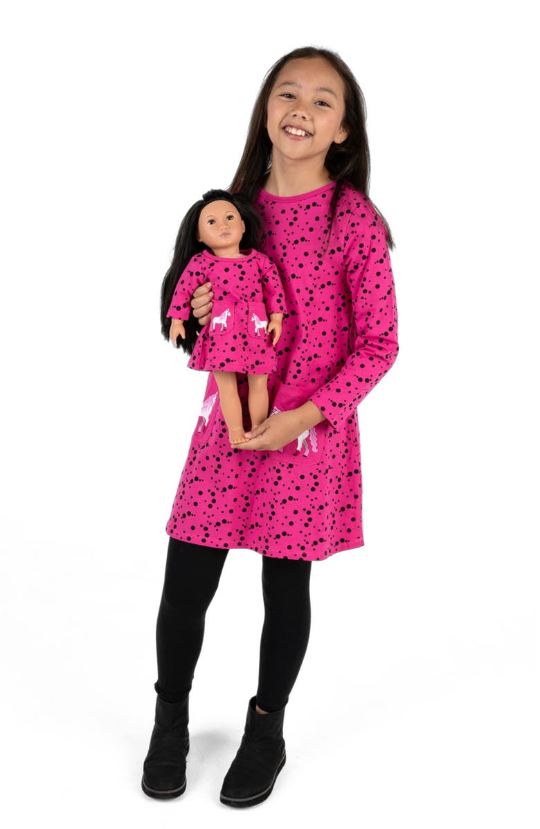 Leveret Girls Cotton Dress with Matching Doll Dress, Printed Design, Alternate, color, Dots With Pocket