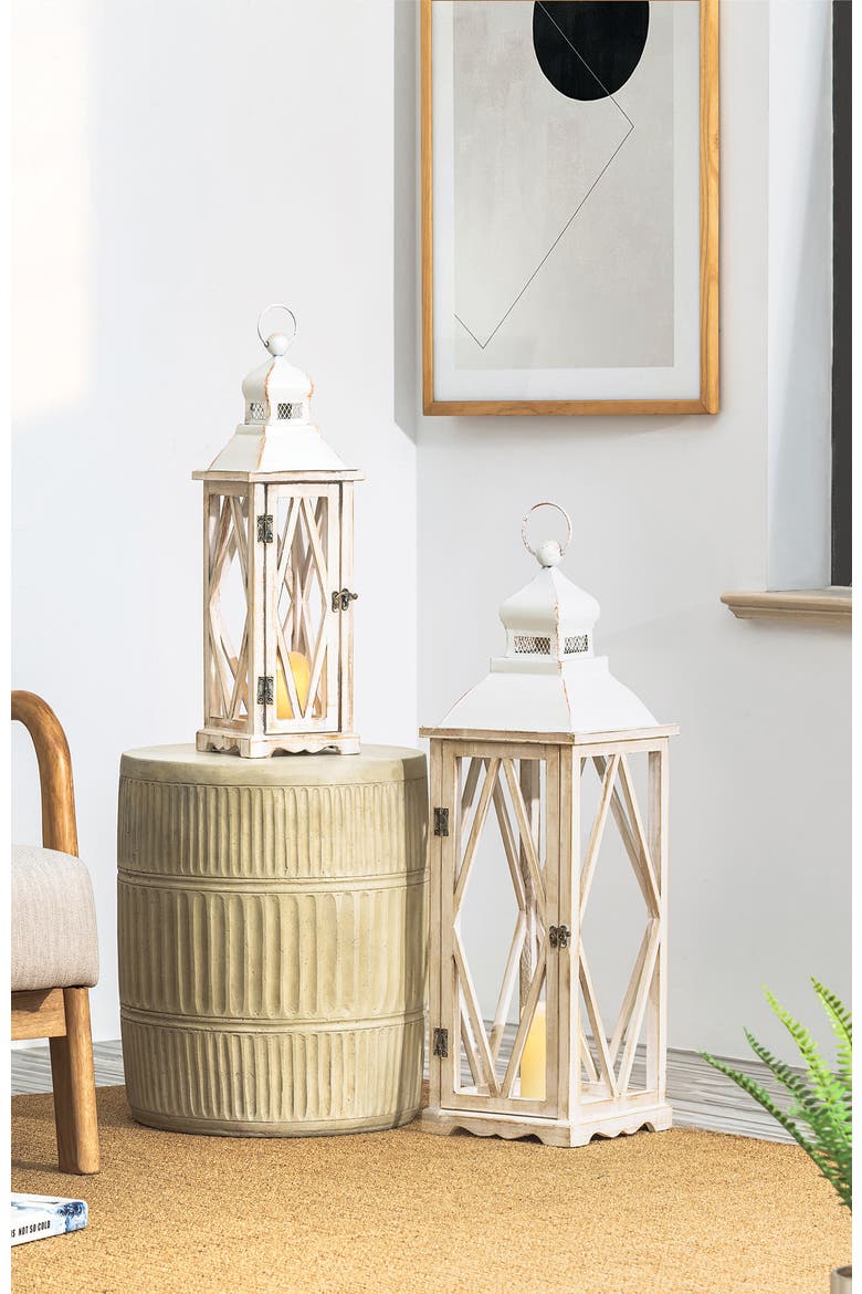 Set of 2 Oversize Farmhouse Hanging Candle Holders Decorative Floor Lanterns, Alternate, color, White