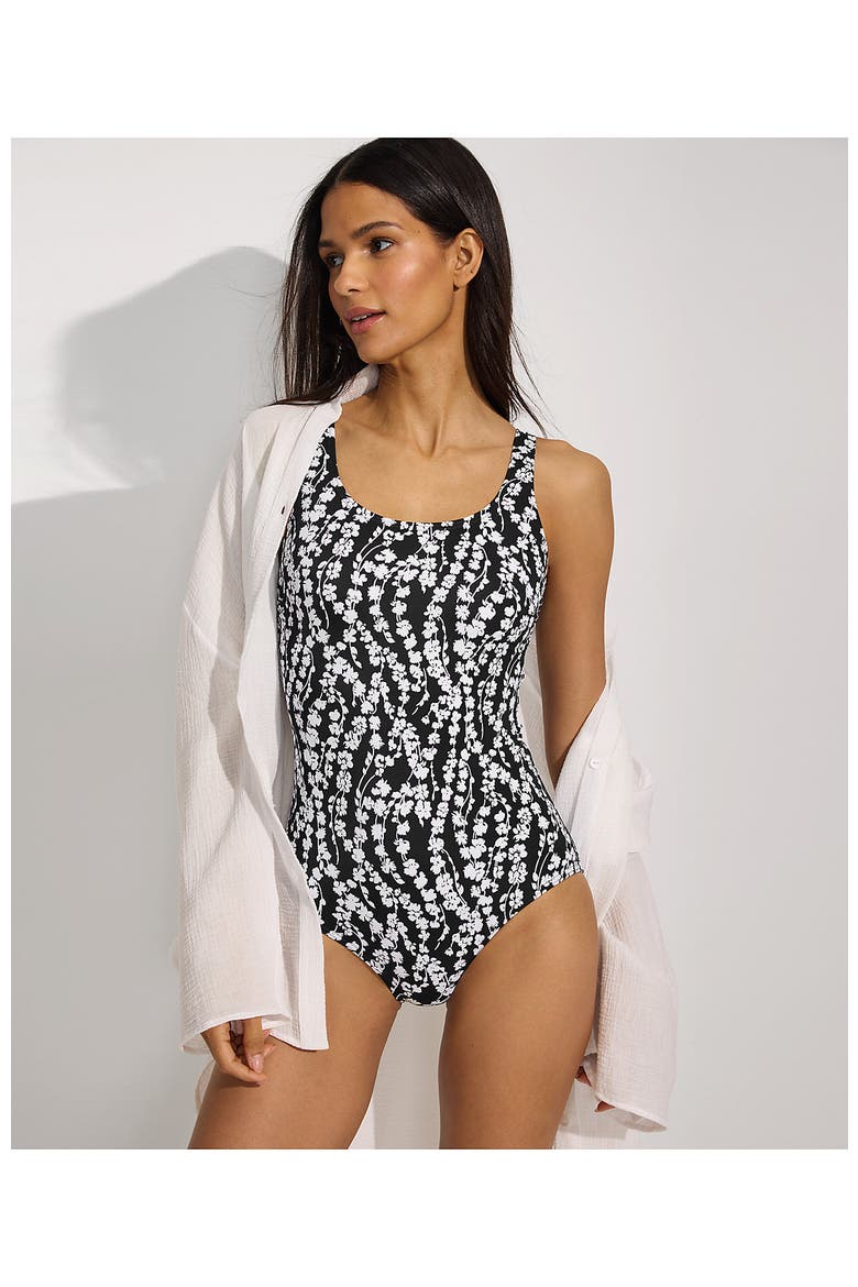 Tugless Low Leg One Piece Swimsuit, Alternate, color, Black/White Vine Floral