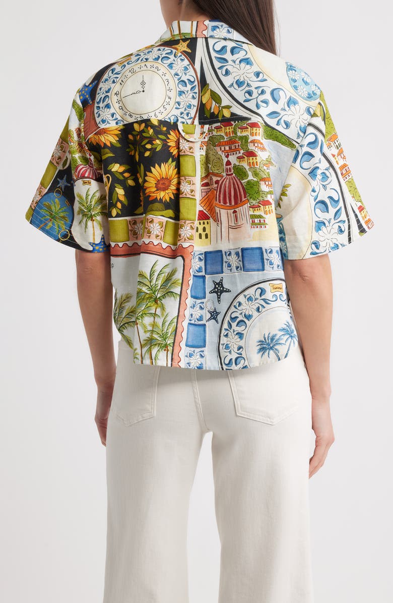 FARM Rio Latin Trip Scarves Crop Linen Button-Up Shirt, Alternate, color, Off-White