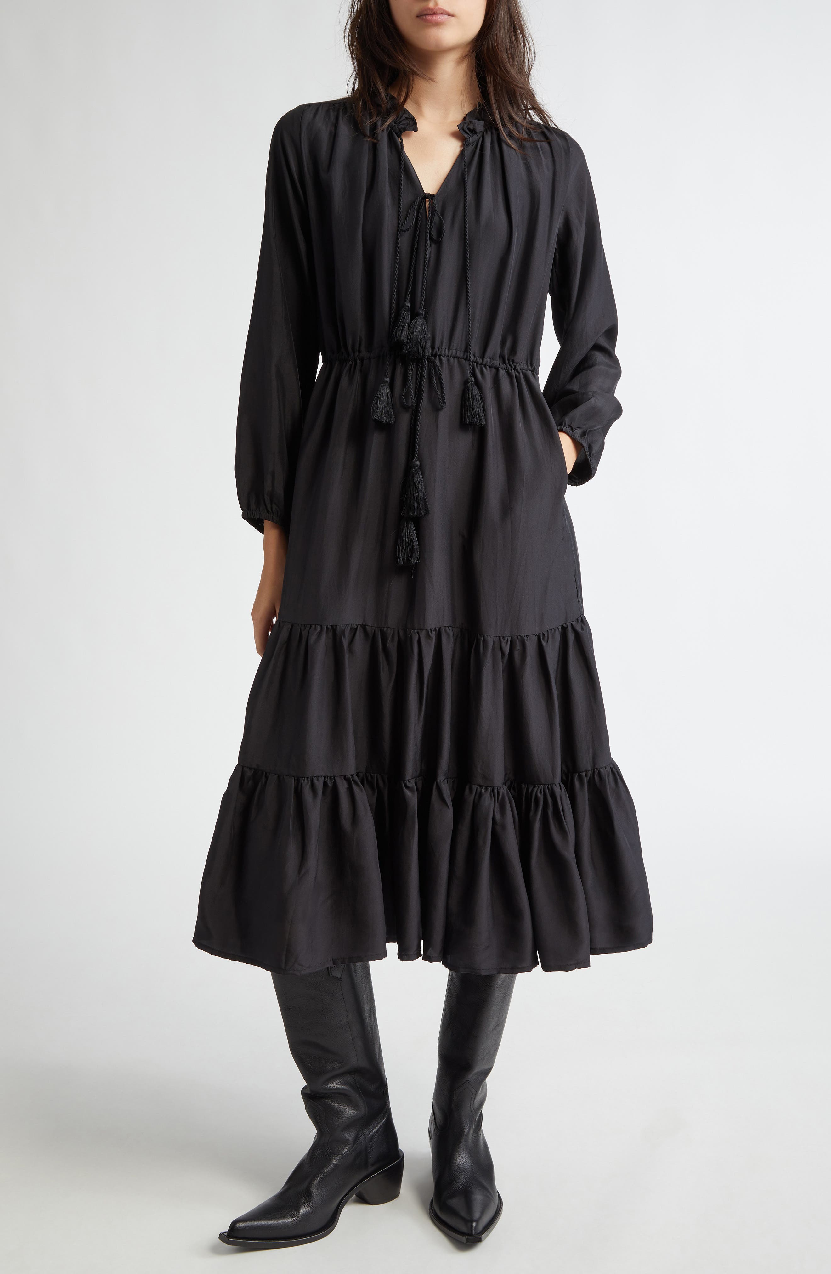 MILLE Astrid Floral Long Sleeve Cotton Dress in Black Silk 