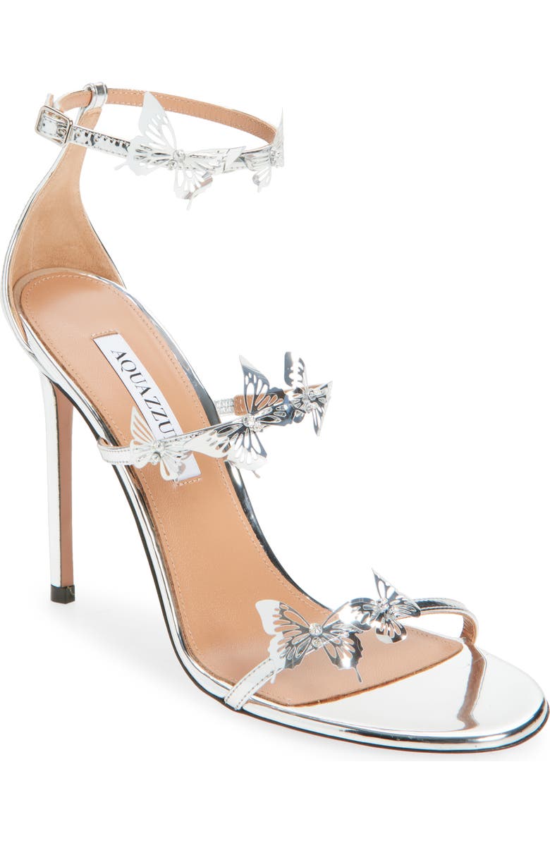 Aquazzura Papillon Ankle Strap Sandal, Main, color, Silver