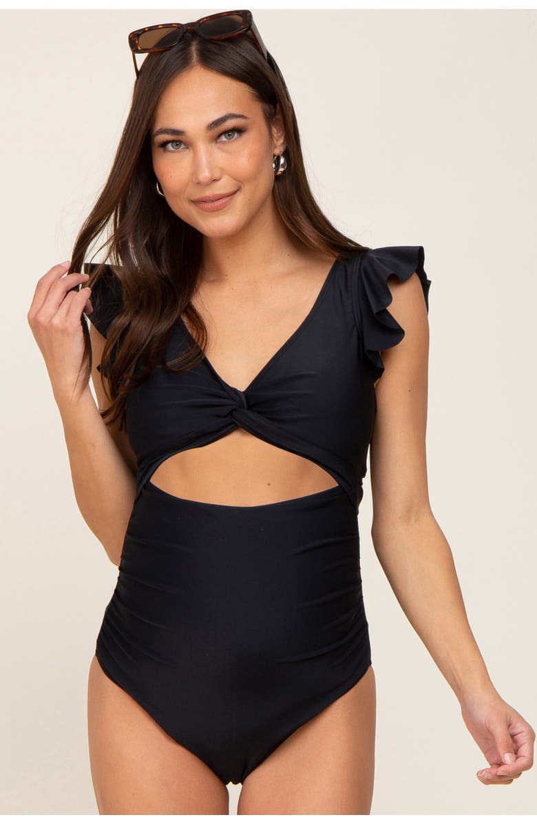 PinkBlush Cutout Flutter One Piece Swimsuit, Main, color, Black