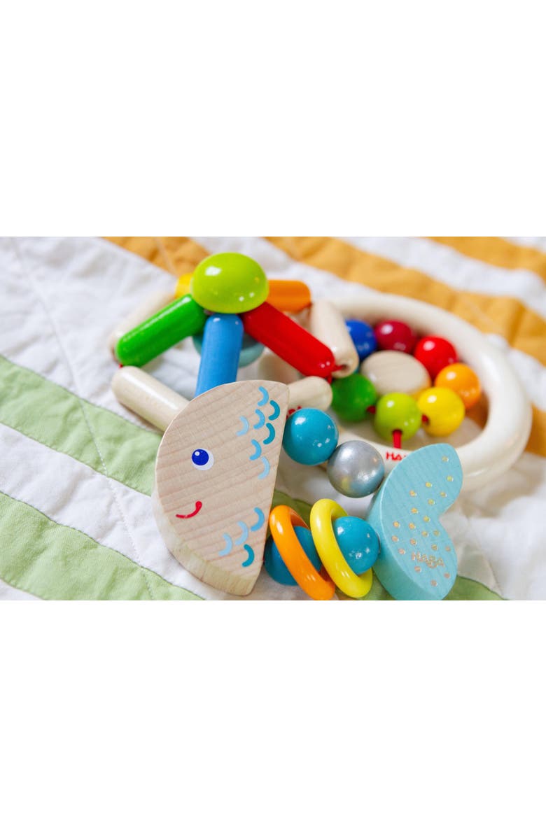 HABA Rattlefish Wooden Baby Rattle and Teething Toy with Plastic Rings, Teething Toys 6-12 months, Grasping Toy for Babies, Made in Germany, Alternate, color, Multi