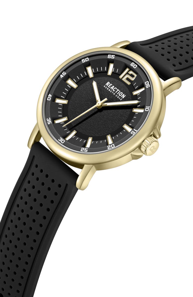 Kenneth Cole Reaction Perforated Silicone Strap Watch, 44mm, Alternate, color, Black/ Black