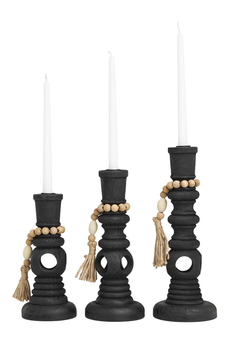 Set of 3 Wood Pillar Candle Holders, Alternate, color, BLACK