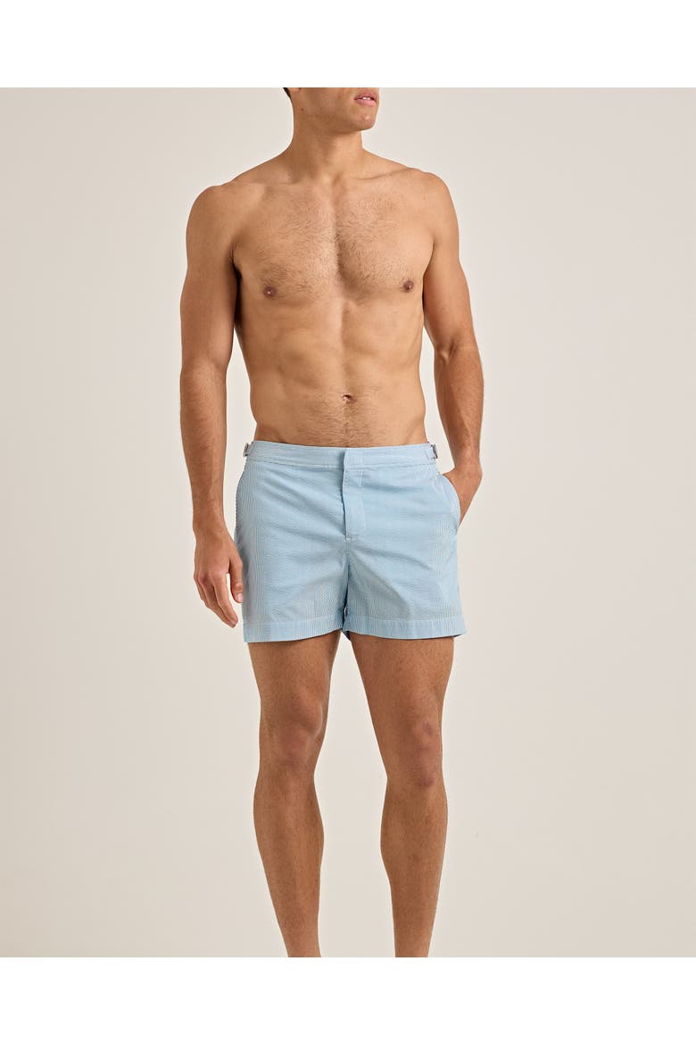 Setter Seersucker Stripe Shorter-Length Tailored-Fit Swim Shorts, Alternate, color, Aqua Blue/White Stripe