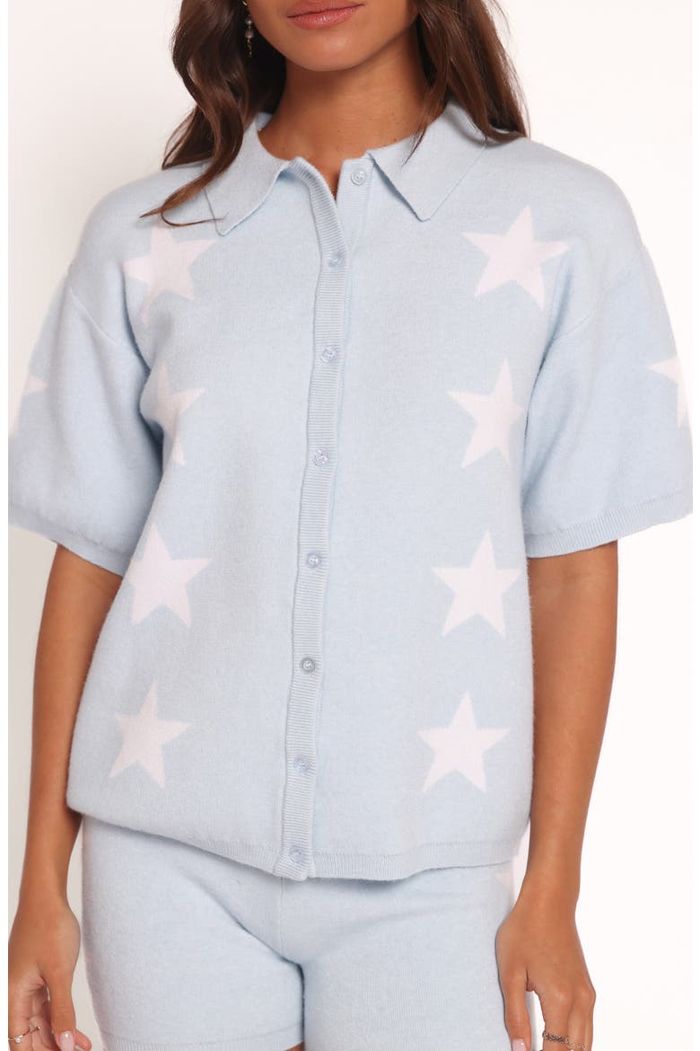 Lela Collared Short Sleeve Cardigan, Alternate, color, LIGHT BLUE STARS