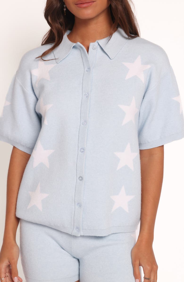 Petal & Pup Lela Collared Short Sleeve Cardigan, Alternate, color, Light Blue Stars