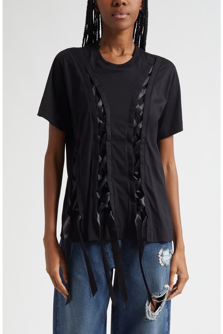 Unraveling Ribbon Inset T-Shirt, Main, color, BLACK