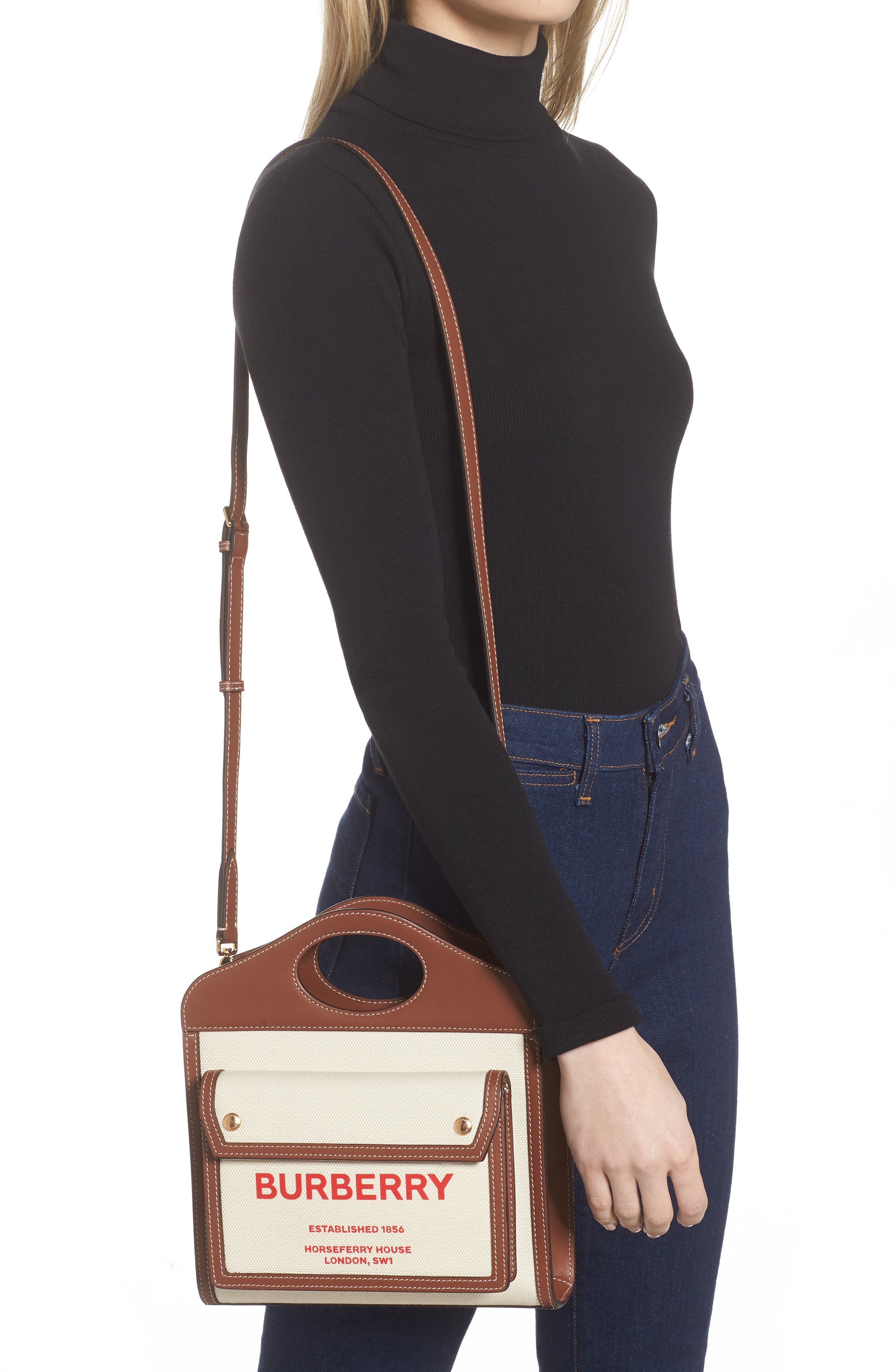 Burberry Mini Two-Tone Canvas & Leather Pocket Bag, Alternate, color, 