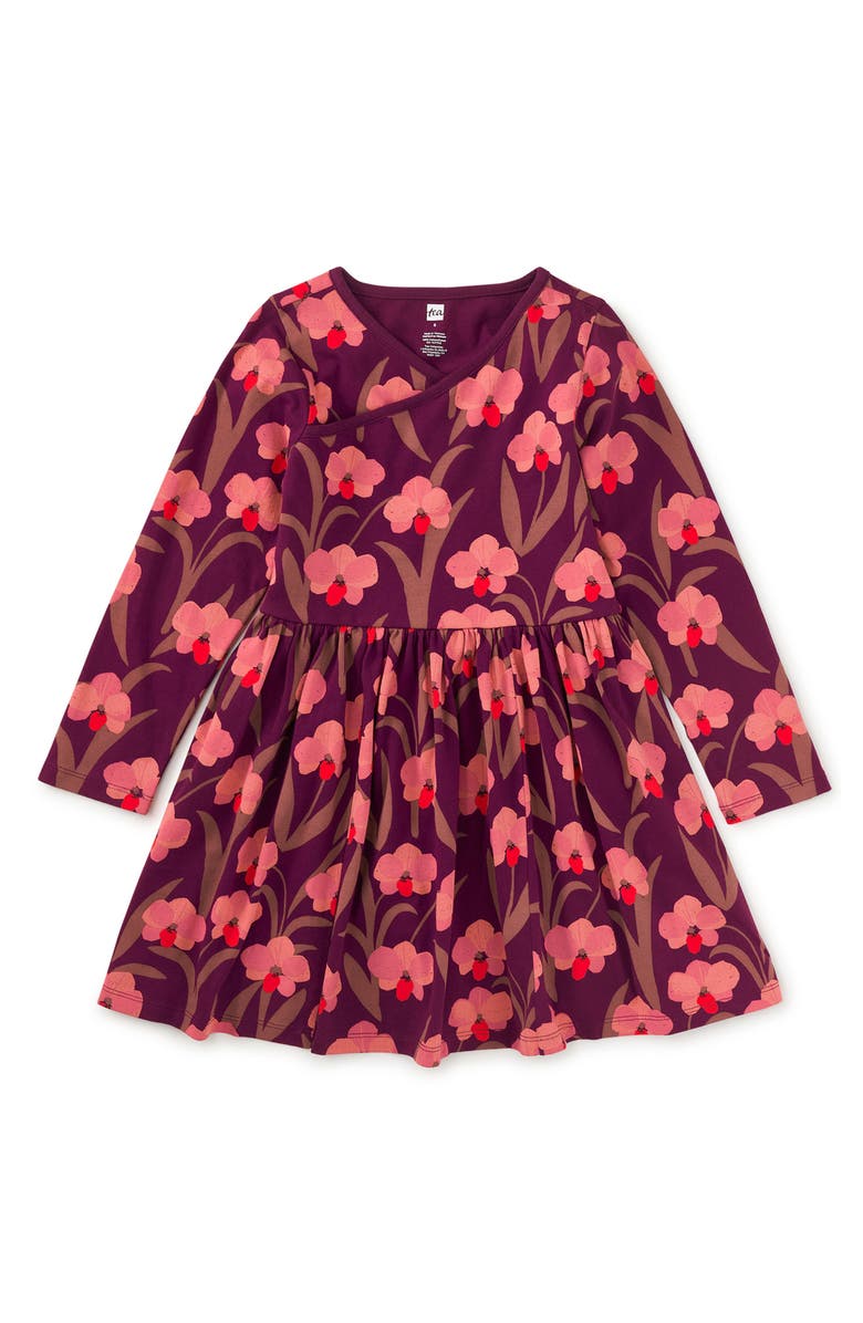 Tea Collection Long Sleeve Wrap Neck Dress, Main, color, Jeju Island Orchid