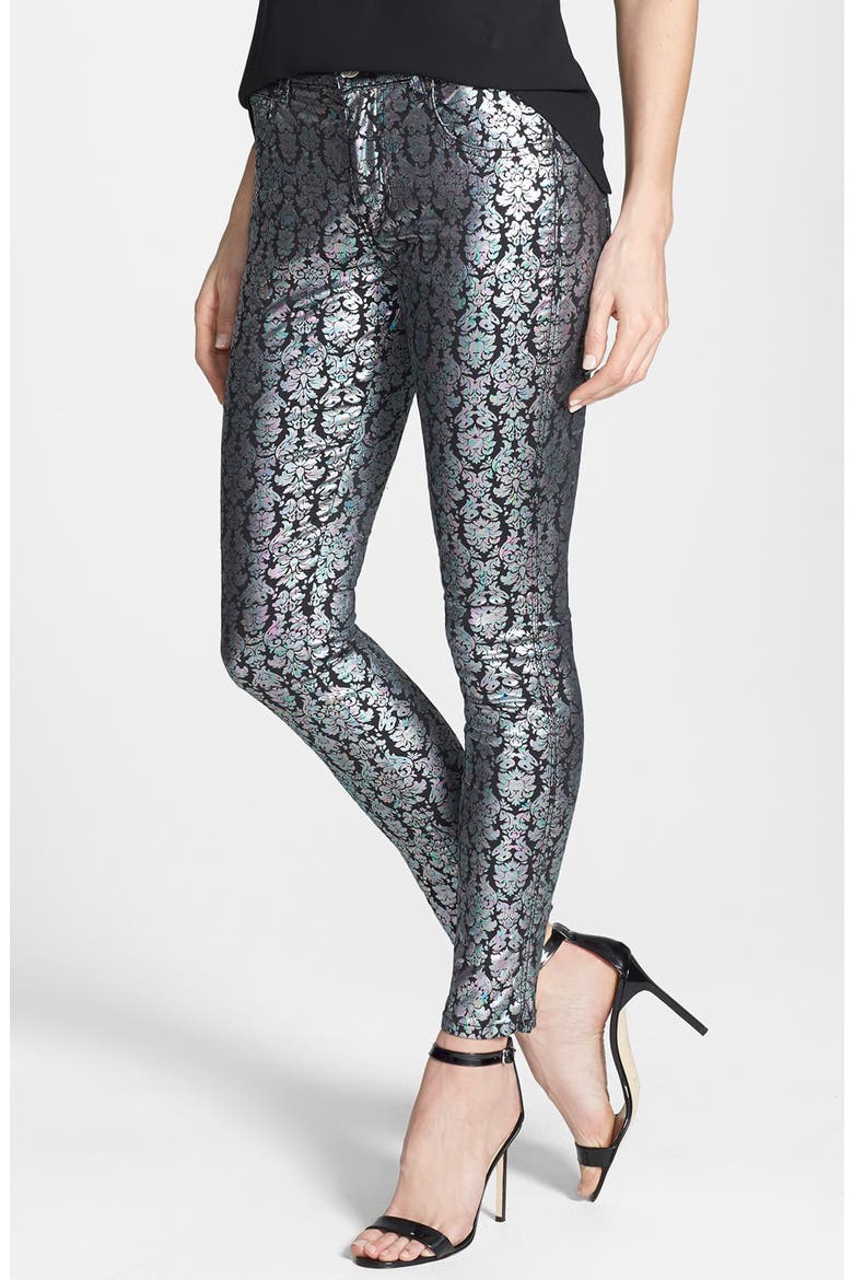 'Petrol' Metallic Print Skinny Pants, Main, color, MULTI