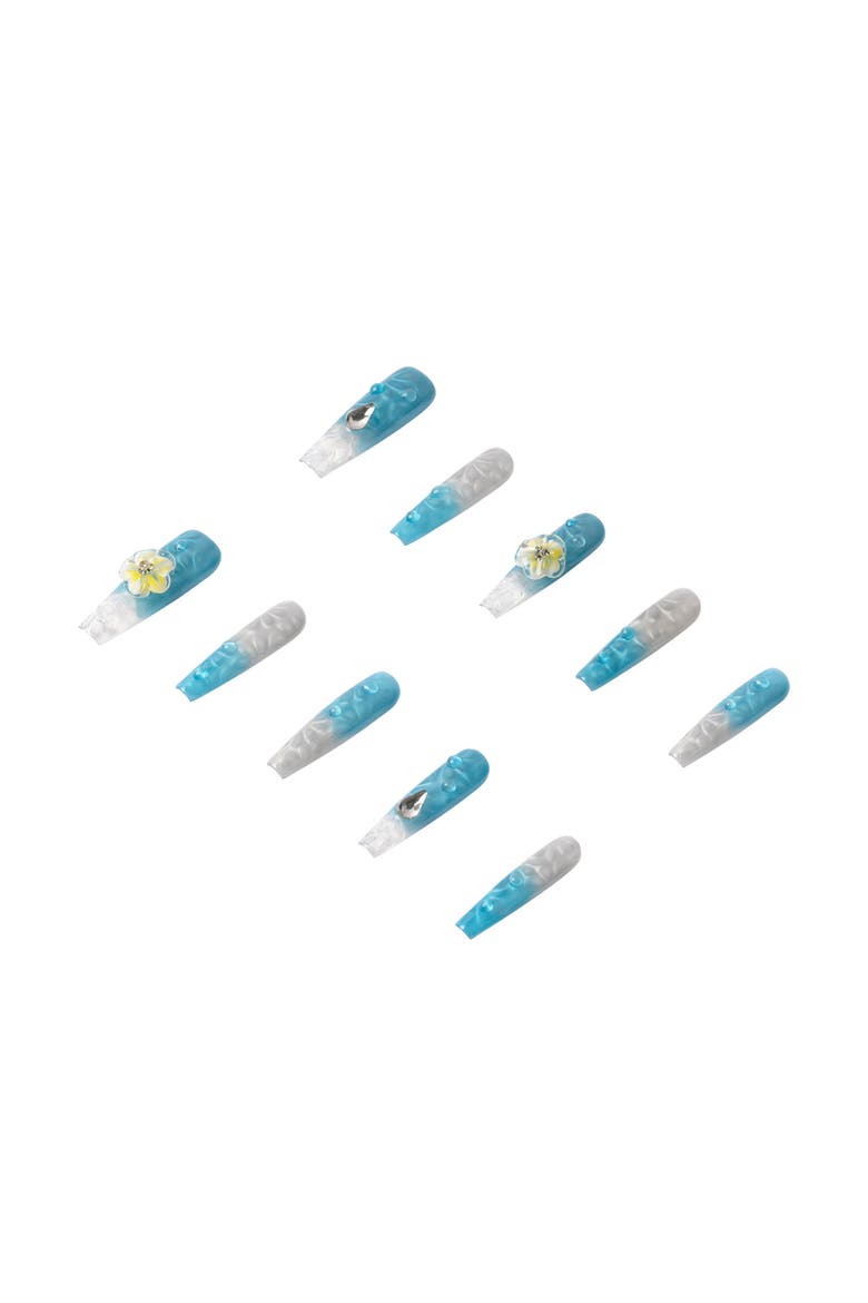 Paradise Flower Luxury Handmade Press On Nails, Alternate, color, Cyan