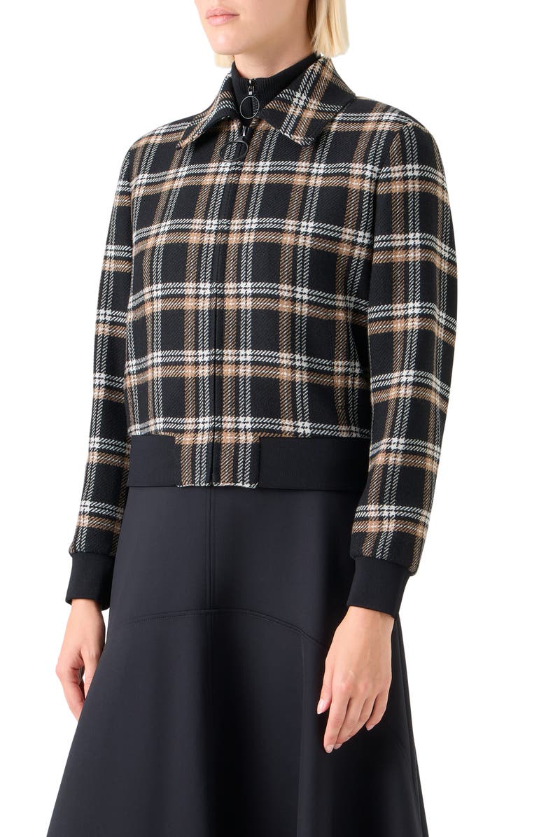 Akris punto Plaid Tricotine Tweed Bomber Jacket, Alternate, color, Black-Camel-Cream