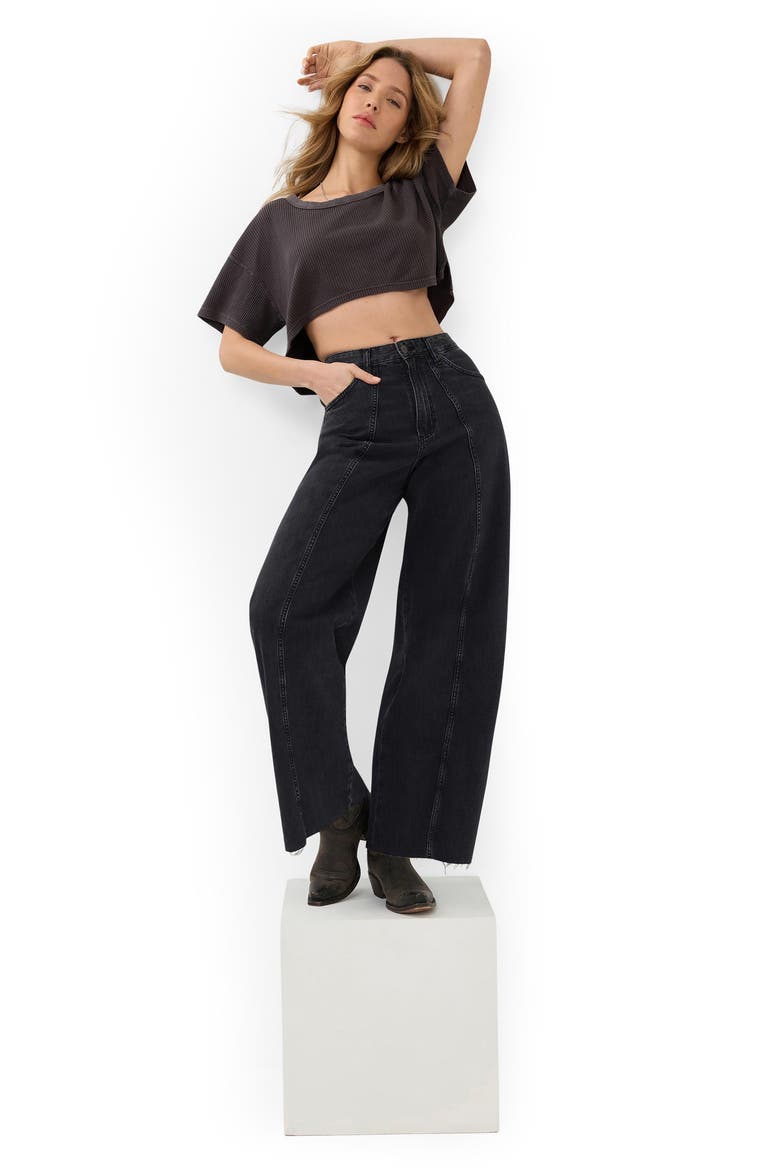 Cowboy Raw Hem High Waist Barrel Jeans, Alternate, color, RINSE BLACK