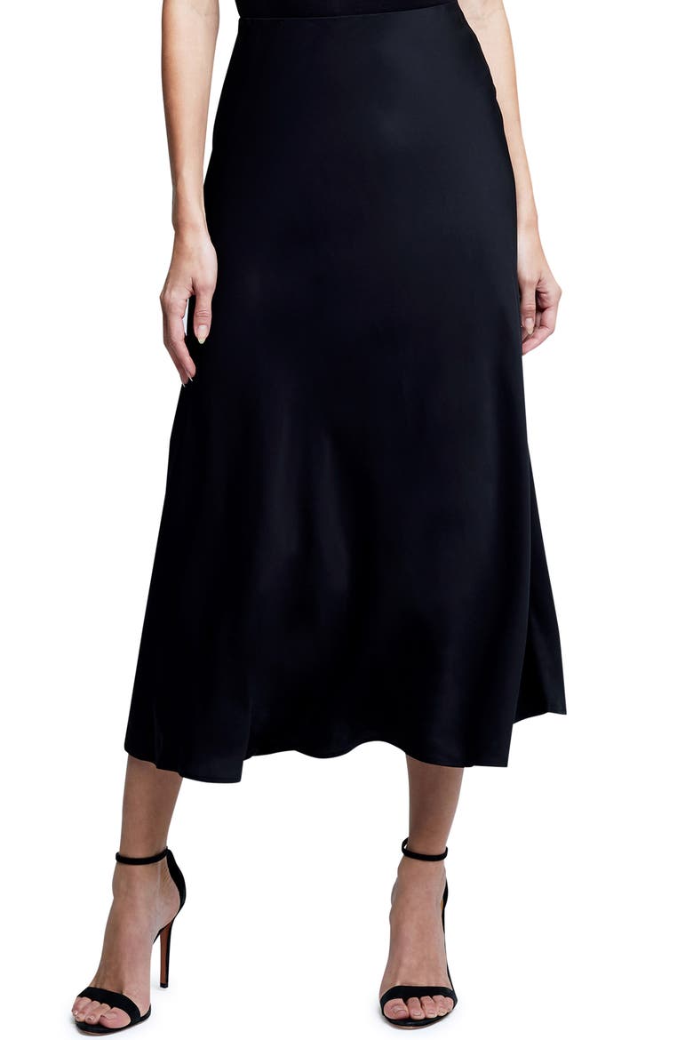 Clarisa Bias Cut Satin Skirt, Main, color, BLACK