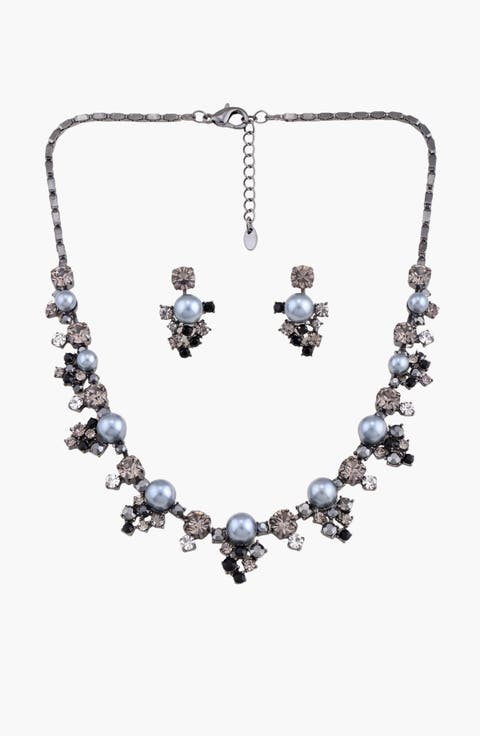 Faux Pearl Crystal Statement Necklace and Earring Set