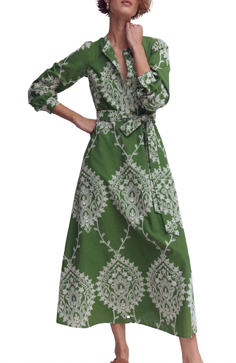 Boden Ava Embroidered Long Sleeve Cotton Midi Dress, Main, color, Green Broderie