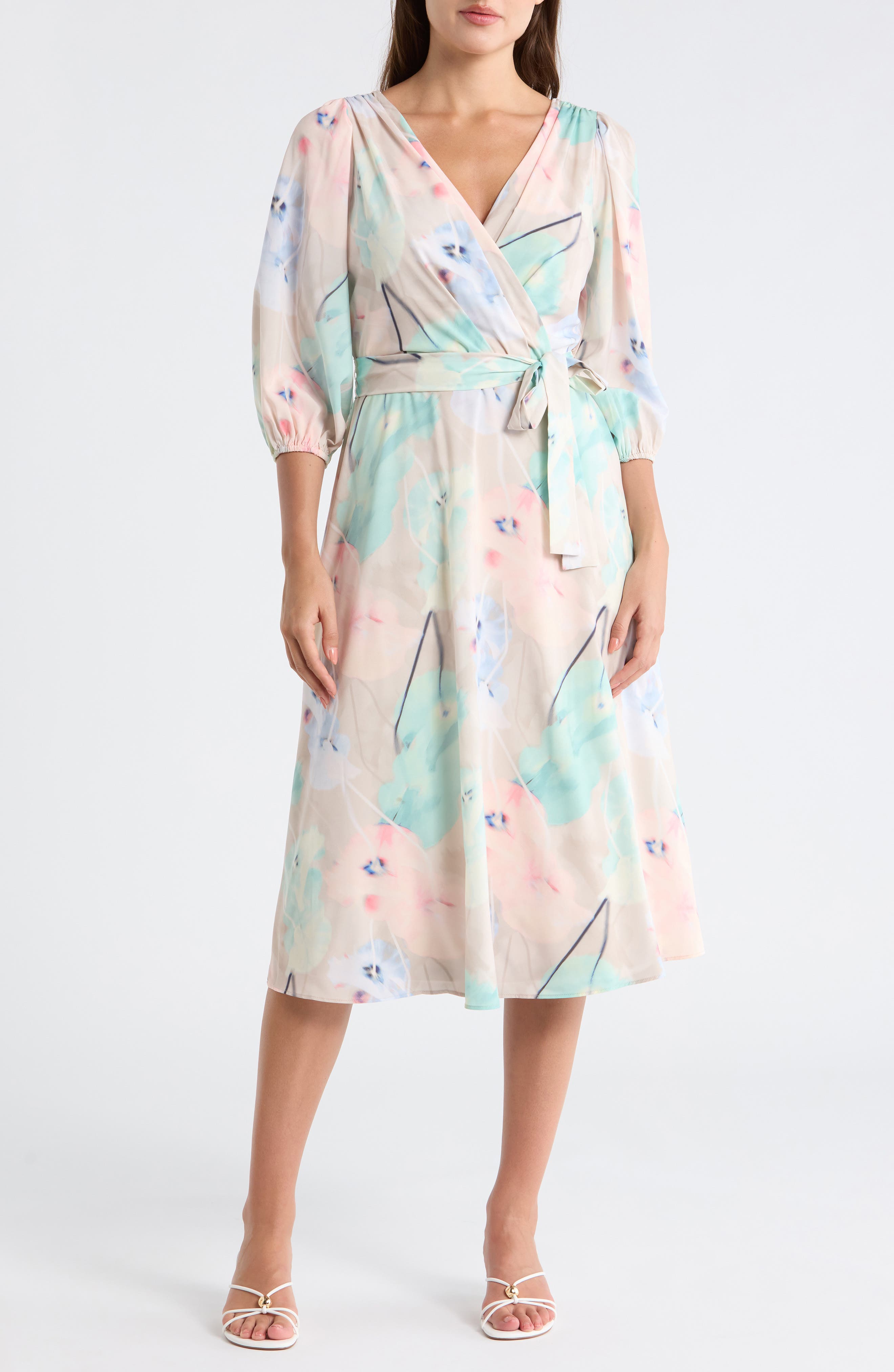 DKNY Balloon Sleeve Faux Wrap Midi Dress