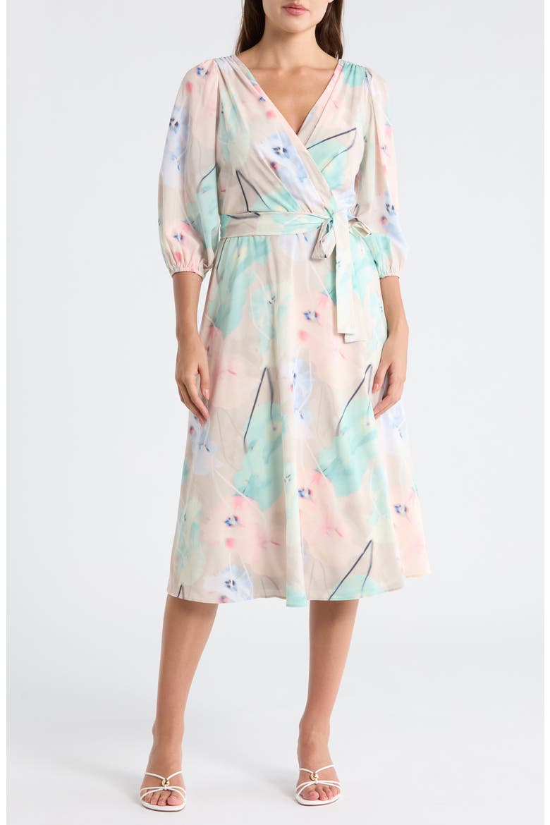 Balloon Sleeve Faux Wrap Midi Dress, Main, color, HUDSON FLORAL MOONLIGHT MULTI