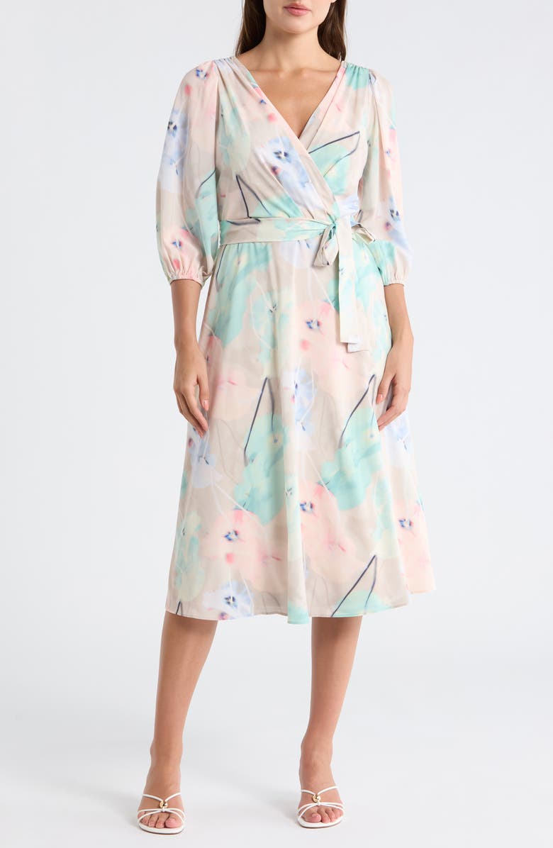 DKNY Balloon Sleeve Faux Wrap Midi Dress, Main, color, Hudson Floral Moonlight Multi