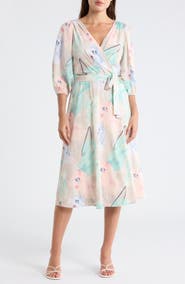 DKNY Balloon Sleeve Faux Wrap Midi Dress