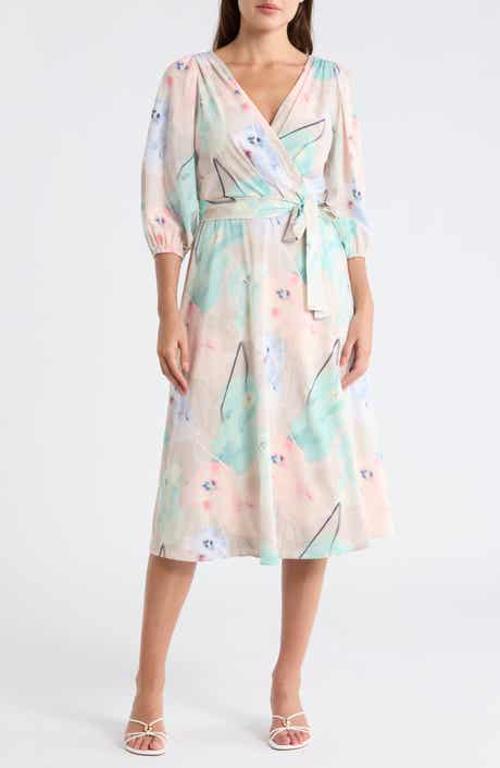 DKNY Balloon Sleeve Faux Wrap Midi Dress