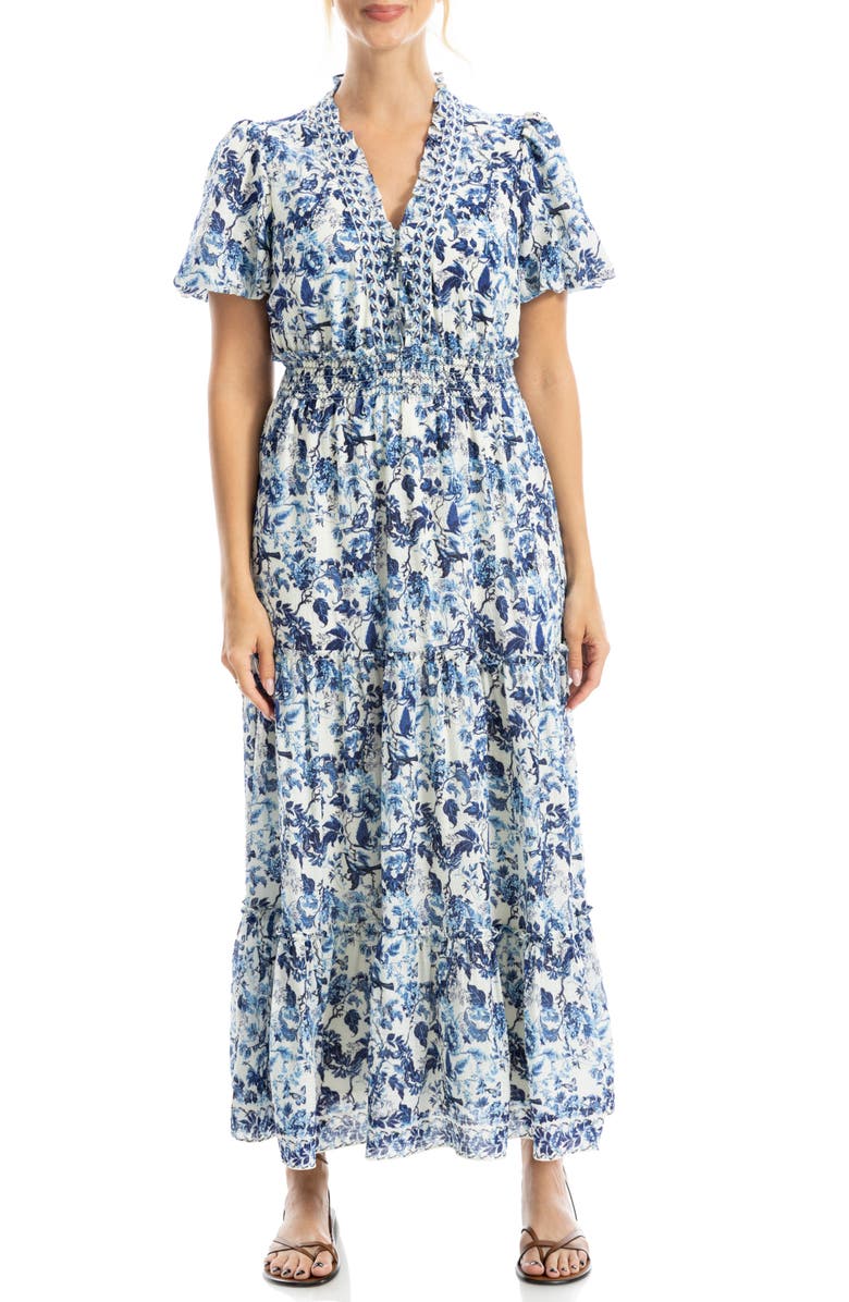 MAX STUDIO V-Neck Short Sleeve Tiered Maxi Dress, Alternate, color, Cream/ Blue Lush