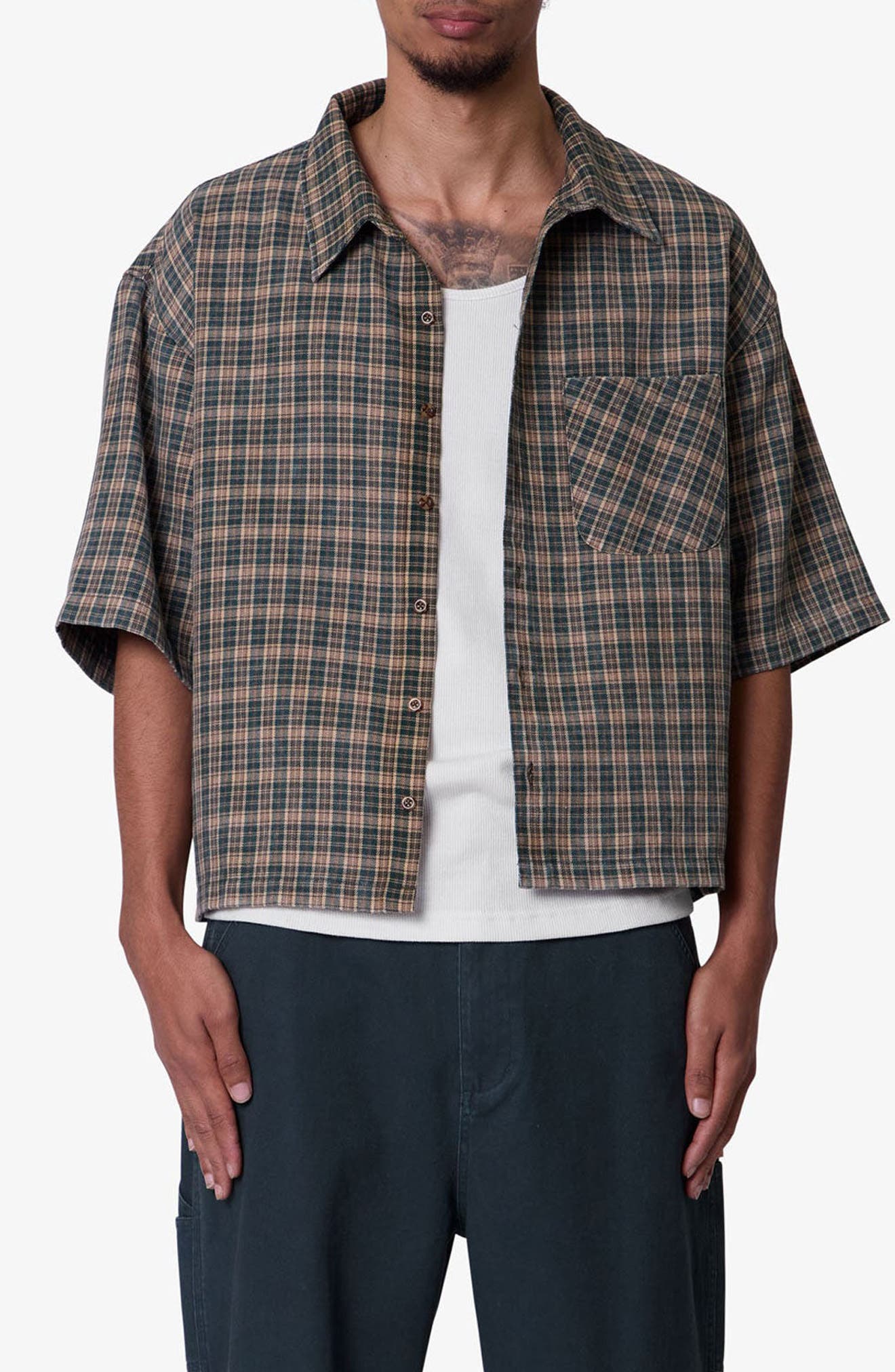 Oversize Crop Plaid Short Sleeve Button-Up Shirt