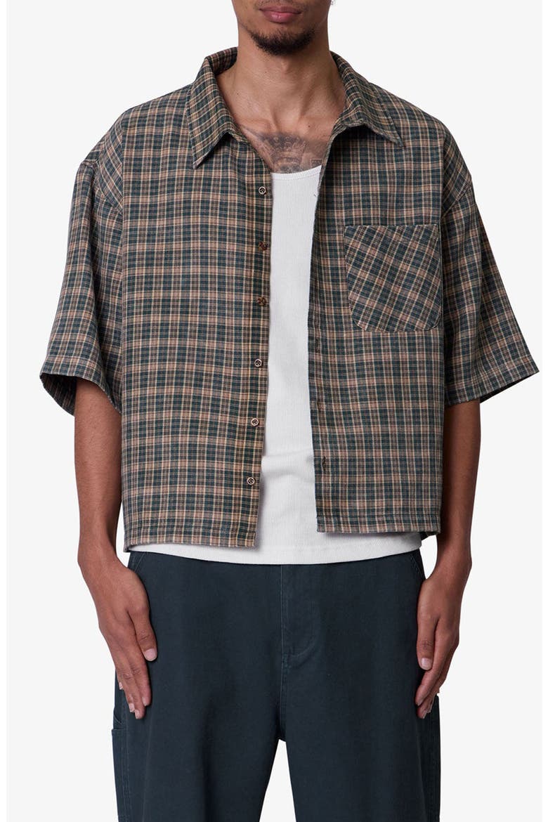 Oversize Crop Plaid Short Sleeve Button-Up Shirt, Main, color, GREEN/ BROWN