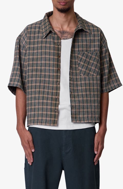 Oversize Crop Plaid Short Sleeve Button-Up Shirt