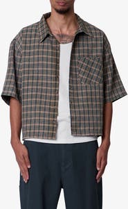 mnml Oversize Crop Plaid Short Sleeve Button-Up Shirt