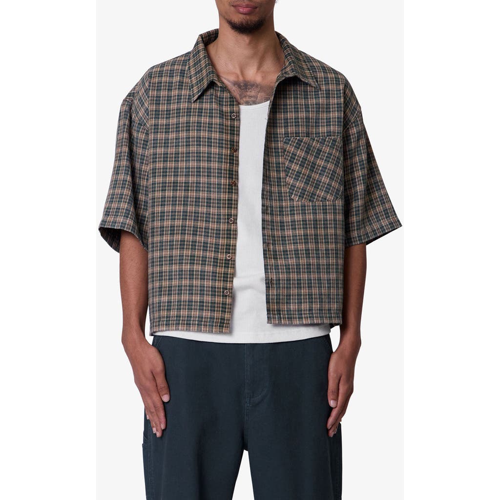 Mnml Oversize Crop Plaid Short Sleeve Button-up Shirt In Gray