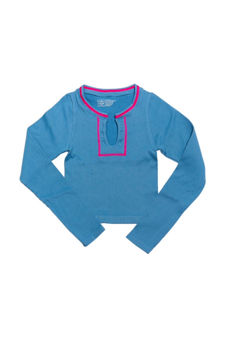 Ribbed seamless top with contrast stitching - Big Kid, Alternate, color, Denim Blue-Neon Pink